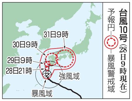 　台風１０号の予想進路（２８日９時現在）