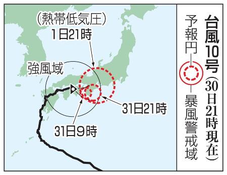 　台風１０号の予想進路（３０日２１時現在）