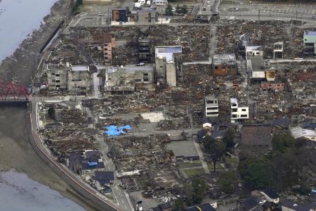 能登半島地震と直後の大火に見舞われ、ほぼ全域が焼失した石川県輪島市の「輪島朝市」周辺＝１月