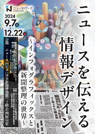 　横浜市のニュースパークで開かれる企画展「ニュースを伝える情報デザイン～インフォグラフィックスと新聞整理の世界～」のチラシ（日本新聞博物館提供）