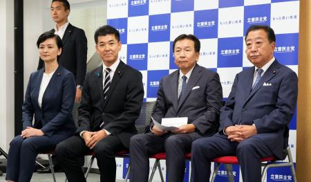 立憲民主党代表選に立候補し、記者会見に臨む（右から）野田元首相、枝野前代表、泉代表、吉田晴美衆院議員＝７日午前、東京・永田町の党本部