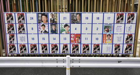 東京都知事選で、同一のポスター（左右と下）が張られた掲示板＝６月、東京都新宿区