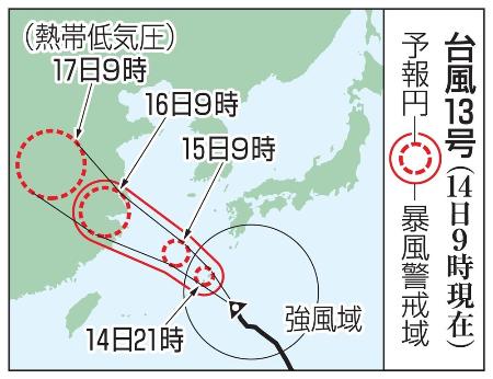 台風１３号の予想進路（１４日９時現在）