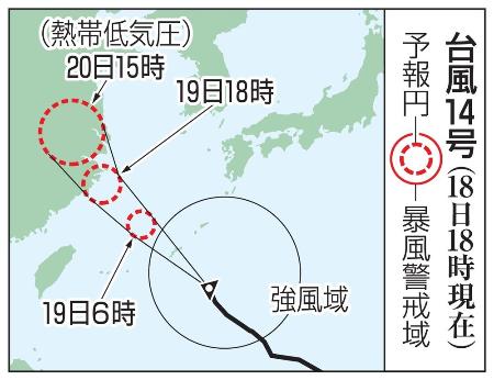 台風１４号の予想進路（１８日１８時現在）