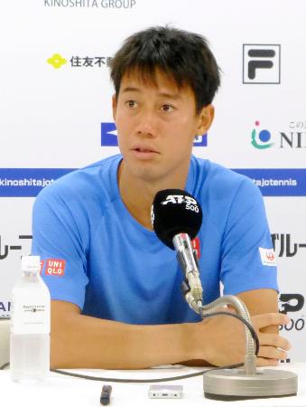 木下グループ・ジャパン・オープン開幕を前に記者会見する男子テニスの錦織圭＝２４日、東京・有明コロシアム