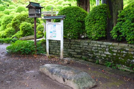 　根津神社の境内にある文豪の石（手前）＝東京都文京区