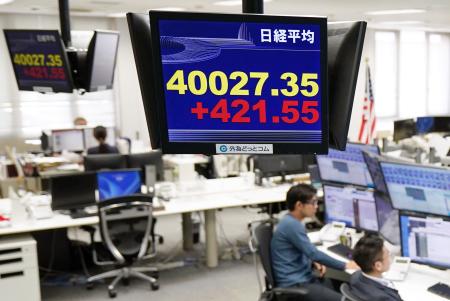 一時４万円台を回復した日経平均株価を示すモニター＝１５日午前、東京都港区の外為どっとコム