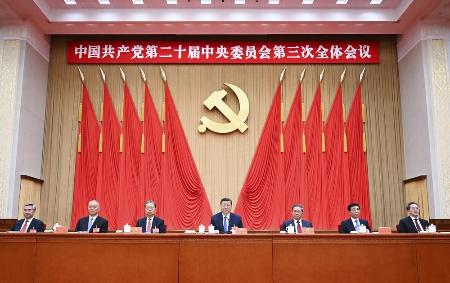 ７月、中国共産党の３中総会に臨む習近平国家主席（中央）と幹部ら＝北京（新華社＝共同）