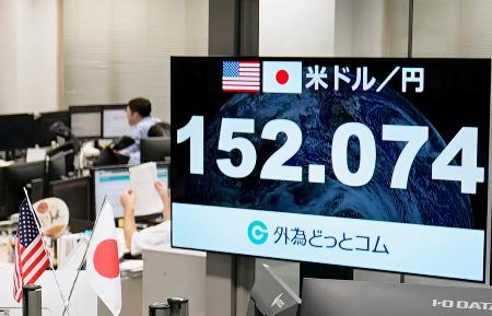 一時１ドル＝１５２円台を付けた円相場を示すモニター＝２３日午後、東京都港区の外為どっとコム