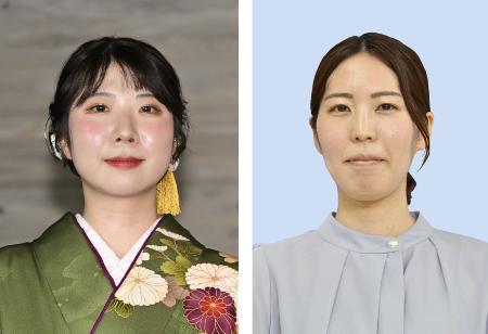 西山朋佳女流王将（左）、福間香奈女流五冠