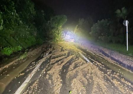 大雨の影響で土砂が流入した鹿児島県・与論島の道路＝９日未明（与論町提供）