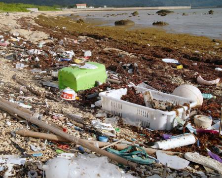 沖縄県石垣島の海岸にたまった大量のプラスチックごみ＝２０２１年１１月