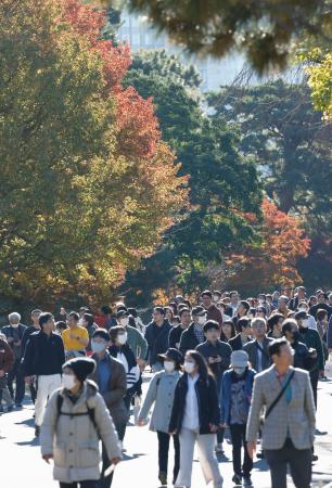 皇居・乾通りの一般公開が始まり、紅葉を楽しむ人たち＝３０日午前